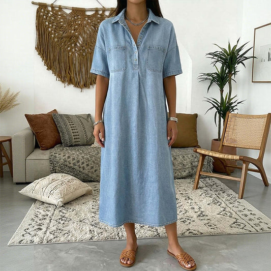 👖 Casual Pocket Denim Midi Shirt Dress – Soft denim & relaxed fit – Functional pockets, perfect for everyday casual – comfortable and versatile ✨🌸