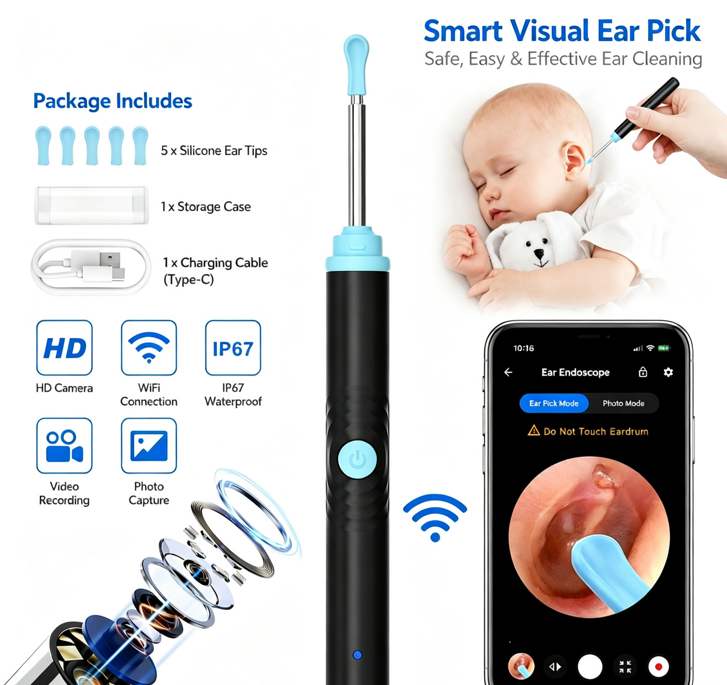 👂 Smart Visual Ear Cleaner with HD Camera 📷 | WiFi Ear Wax Removal Tool with LED Light & Waterproof Design