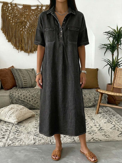 👖 Casual Pocket Denim Midi Shirt Dress – Soft denim & relaxed fit – Functional pockets, perfect for everyday casual – comfortable and versatile ✨🌸