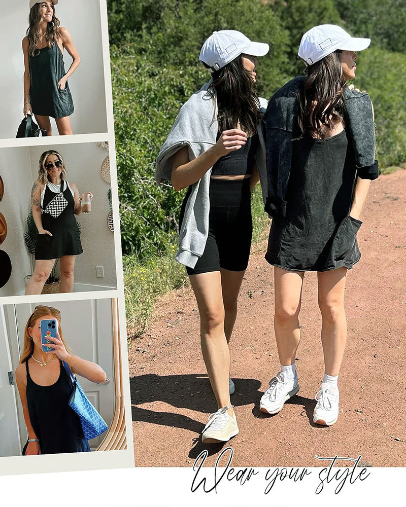 👗Adjustable Strap Active Mini Dress with Built-In Shorts & Pockets