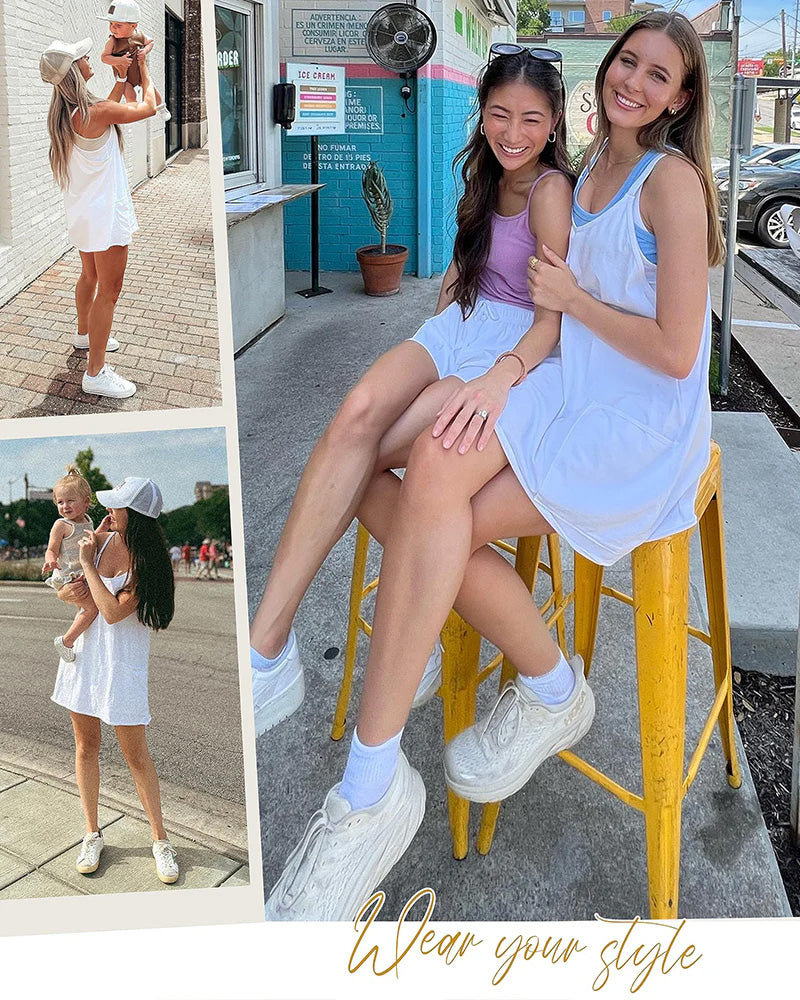 👗Adjustable Strap Active Mini Dress with Built-In Shorts & Pockets