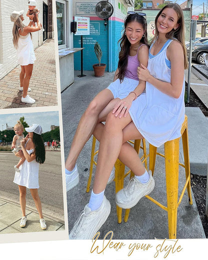 👗Adjustable Strap Active Mini Dress with Built-In Shorts & Pockets