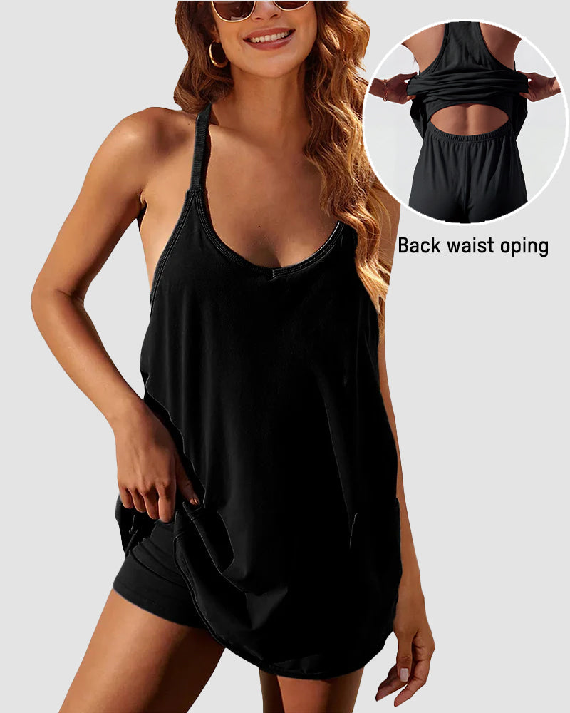 👗Adjustable Strap Active Mini Dress with Built-In Shorts & Pockets