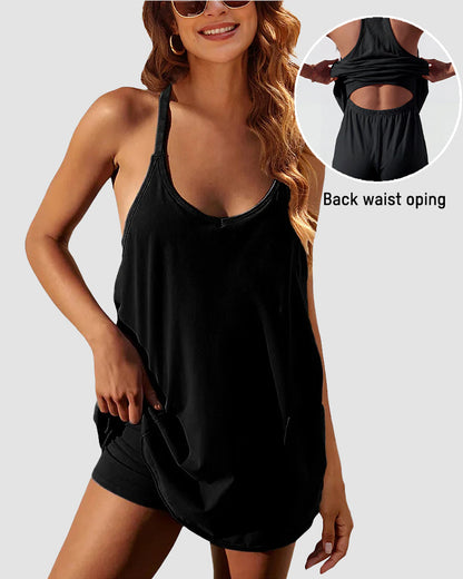 👗Adjustable Strap Active Mini Dress with Built-In Shorts & Pockets