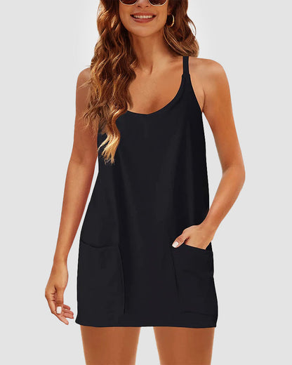👗Adjustable Strap Active Mini Dress with Built-In Shorts & Pockets