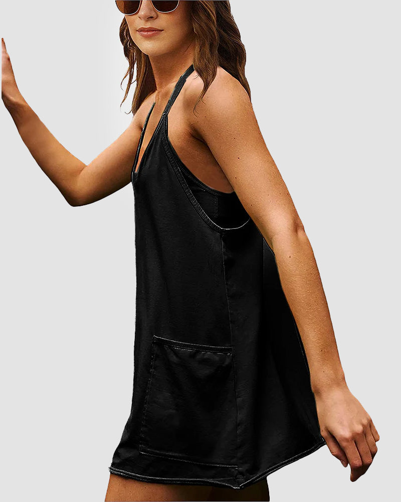 👗Adjustable Strap Active Mini Dress with Built-In Shorts & Pockets