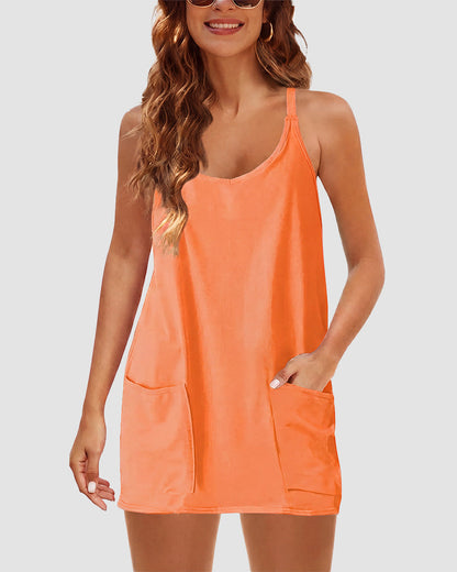 👗Adjustable Strap Active Mini Dress with Built-In Shorts & Pockets