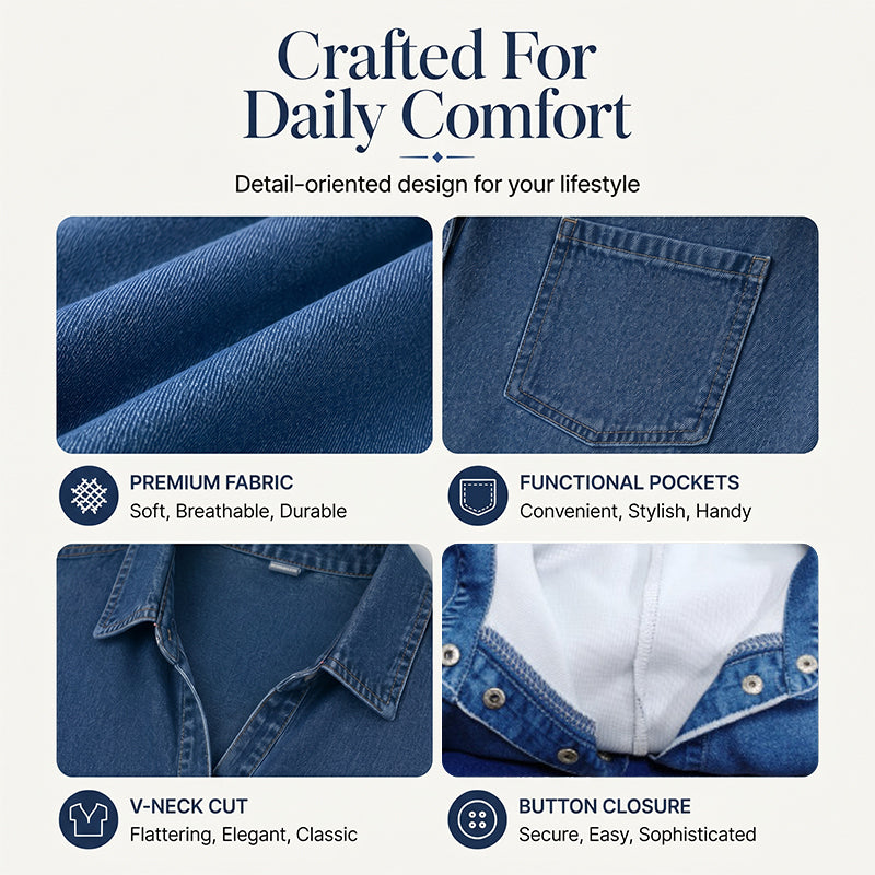 👖 Casual Pocket Denim Midi Shirt Dress – Soft denim & relaxed fit – Functional pockets, perfect for everyday casual – comfortable and versatile ✨🌸