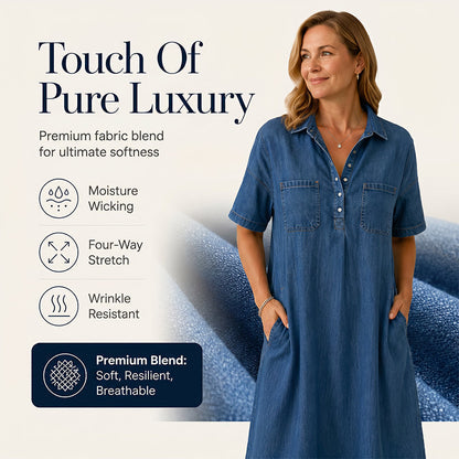 👖 Casual Pocket Denim Midi Shirt Dress – Soft denim & relaxed fit – Functional pockets, perfect for everyday casual – comfortable and versatile ✨🌸