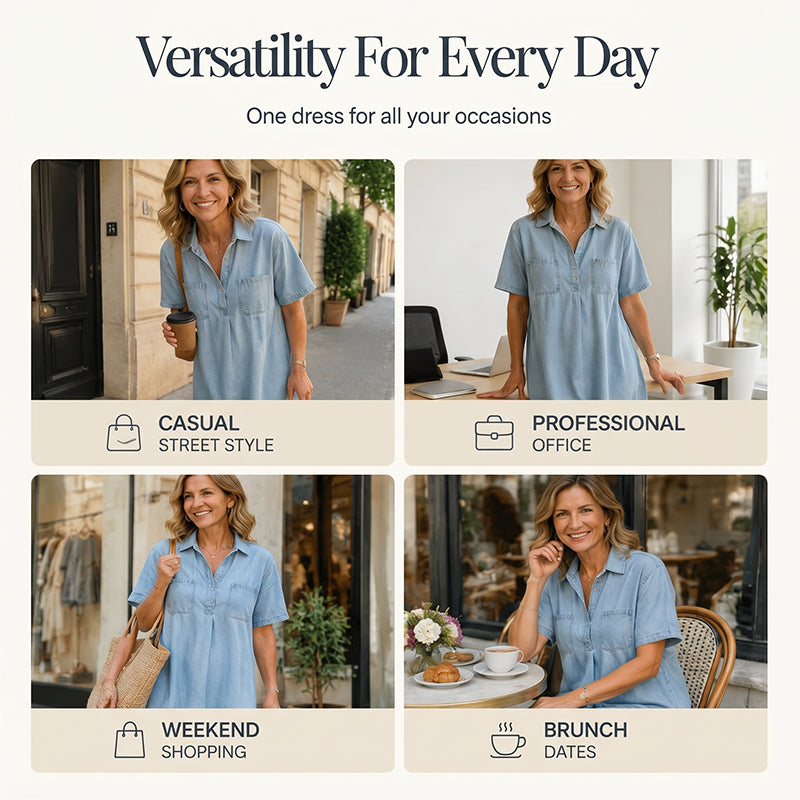 👖 Casual Pocket Denim Midi Shirt Dress – Soft denim & relaxed fit – Functional pockets, perfect for everyday casual – comfortable and versatile ✨🌸