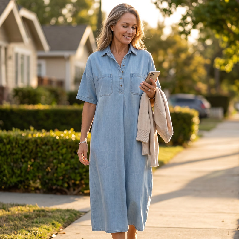 👖 Casual Pocket Denim Midi Shirt Dress – Soft denim & relaxed fit – Functional pockets, perfect for everyday casual – comfortable and versatile ✨🌸