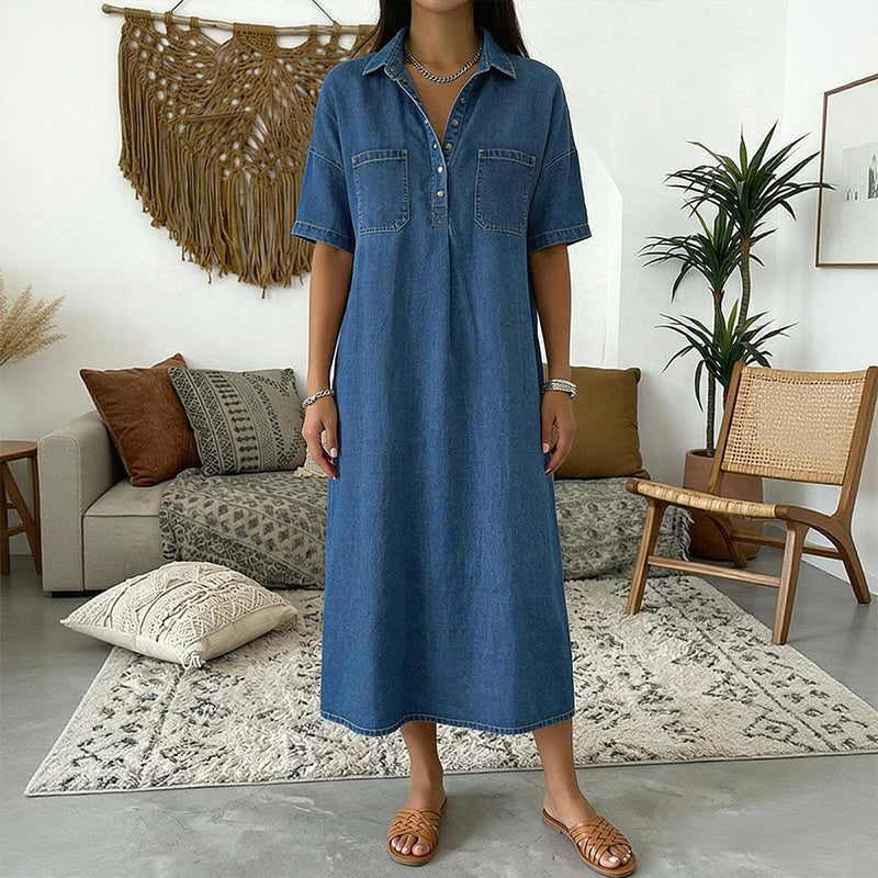 👖 Casual Pocket Denim Midi Shirt Dress – Soft denim & relaxed fit – Functional pockets, perfect for everyday casual – comfortable and versatile ✨🌸