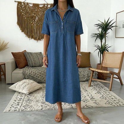 👖 Casual Pocket Denim Midi Shirt Dress – Soft denim & relaxed fit – Functional pockets, perfect for everyday casual – comfortable and versatile ✨🌸
