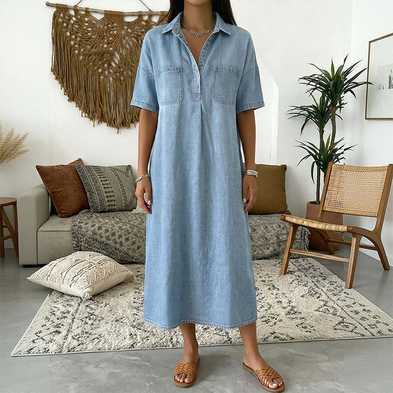 👖 Casual Pocket Denim Midi Shirt Dress – Soft denim & relaxed fit – Functional pockets, perfect for everyday casual – comfortable and versatile ✨🌸