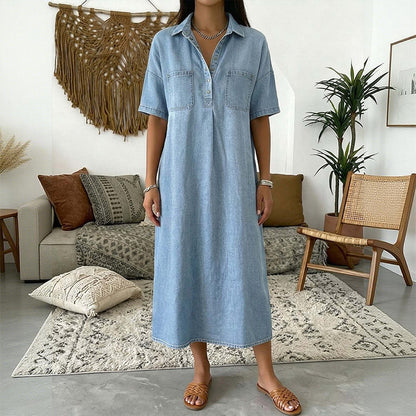 👖 Casual Pocket Denim Midi Shirt Dress – Soft denim & relaxed fit – Functional pockets, perfect for everyday casual – comfortable and versatile ✨🌸