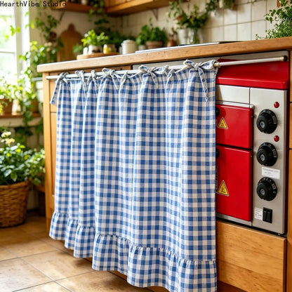 【SummerWins】2026 Farmhouse-Style Stove Curtain, Gingham Grid Ruffle-Edge Tier Curtains, Rural Short Window Valance, Home Kitchen Dust Cover, Plaid Floral Window Treatments, Aesthetic House Decor, Unique Room Decor
