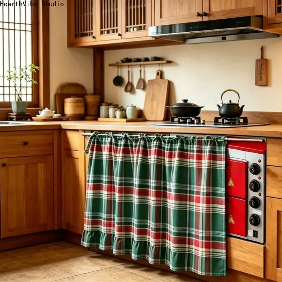 【SummerWins】2026 Farmhouse-Style Stove Curtain, Gingham Grid Ruffle-Edge Tier Curtains, Rural Short Window Valance, Home Kitchen Dust Cover, Plaid Floral Window Treatments, Aesthetic House Decor, Unique Room Decor
