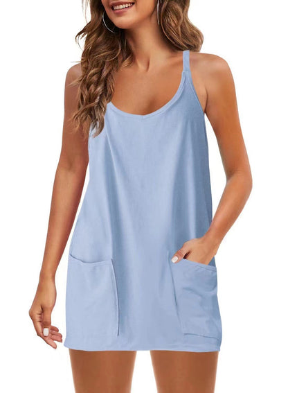 👗Adjustable Strap Active Mini Dress with Built-In Shorts & Pockets