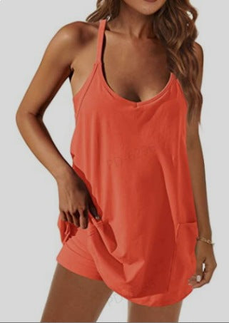 👗Adjustable Strap Active Mini Dress with Built-In Shorts & Pockets