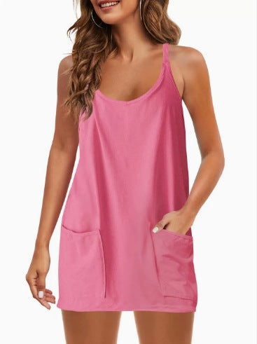 👗Adjustable Strap Active Mini Dress with Built-In Shorts & Pockets