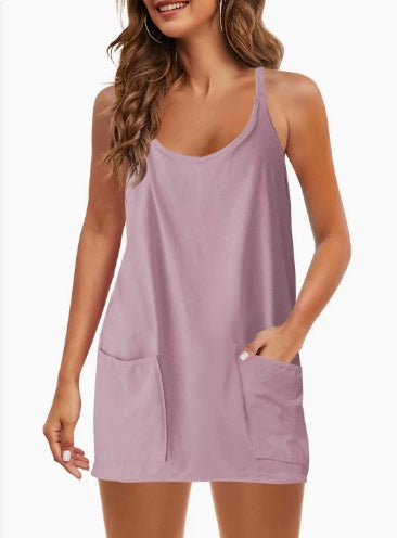 👗Adjustable Strap Active Mini Dress with Built-In Shorts & Pockets