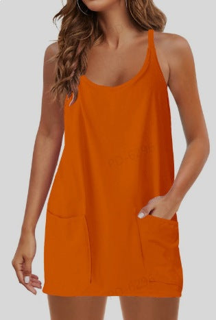 👗Adjustable Strap Active Mini Dress with Built-In Shorts & Pockets