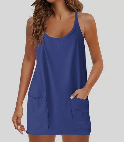 👗Adjustable Strap Active Mini Dress with Built-In Shorts & Pockets