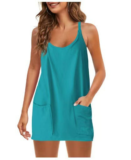👗Adjustable Strap Active Mini Dress with Built-In Shorts & Pockets